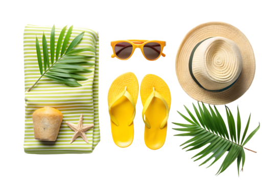 Set of three summer essentials, shot from above, isolated on transparent background