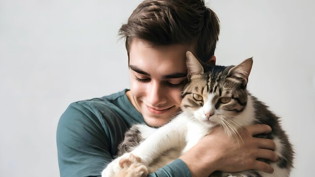 Young smiling happy man hugging his adorable cat kitten lovingly. Pet owner or cat lover with his beloved best friend