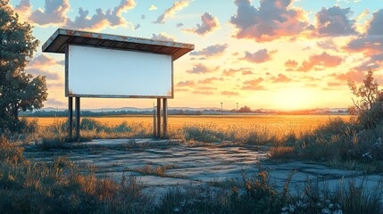 Rural Bus Stop with Blank Billboard Against Sunset Countryside Landscape