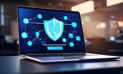  cyber shield on laptop illustration with office background