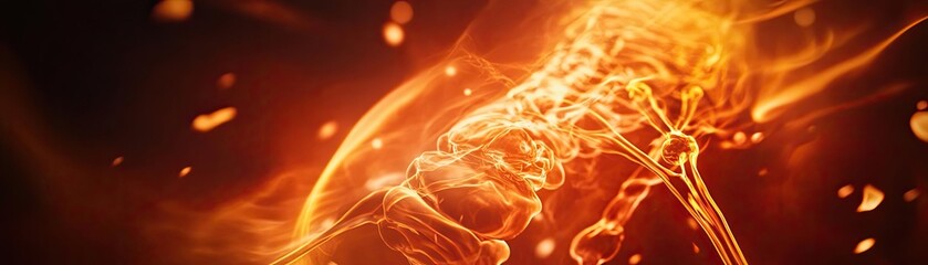 A vibrant and dynamic illustration of a spine illuminated in fiery tones, conveying energy and movement within the human body.