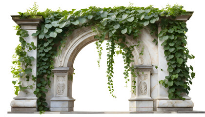 ivy on marble arch, vines with green leaves on arc. Generative AI.
