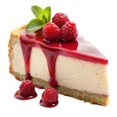 Vanilla bean cheesecake with raspberry coulis isolated on transparent background, dessert and cake