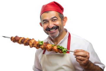 Turkish man holding a kebab isolated on transparent background, street food and culture