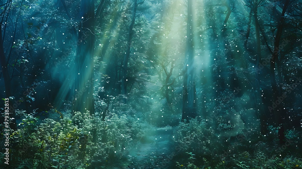 Poster mystical forest scene with sunlight shining through the trees, creating a magical atmosphere.