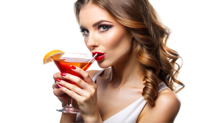 Woman drinking alcoholic cocktail isolated on transparent background, lifestyle and leisure