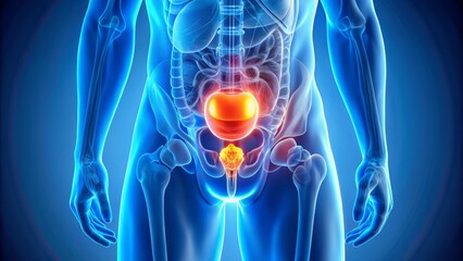 Medical illustration of MRI visualization of male pelvic organs including prostate gland and seminal vesicles on a gradient blue backdrop to enhance the visibility of anatomical structures