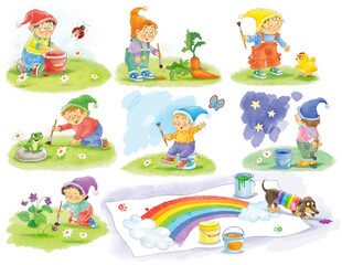 Seven colors of rainbow. Seven cute and funny gnomes wearing hats of rainbow colors. Poster. Illustration for children. Cute and funny cartoon characters



