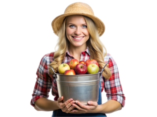 Young farmer woman holding a bucket of apples, isolated on transparent background, farm lifestyle