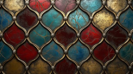 Close-up of a stained glass window with a diamond pattern in hues of red, blue, and gold.