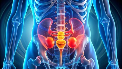 Simplified perspective illustration of pelvic MRI scans highlighting the position of ureters kidneys and adrenal glands in relation to each other in a 3D environment