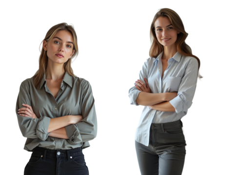 A business woman in a long-sleeved shirt, arms crossed,  on transparent background