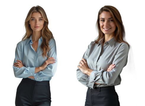 A business woman in a long-sleeved shirt, arms crossed,  on transparent background