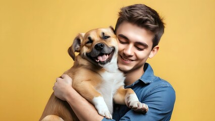 Young smiling happy man hugging his adorable dog puppy lovingly. Pet owner dog lover with his beloved best friend