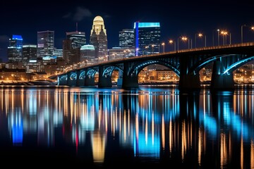 Downtown city skyline illuminated at night with reflections in the calm river water