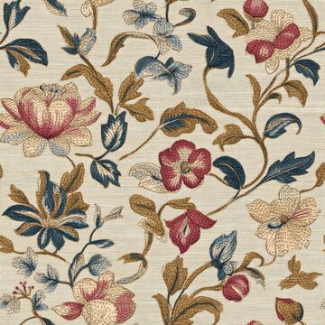 Vintage tapestry renaissance floral pattern on vintage beige fabric background, seamless repeating pattern, textile print style, minimal, tapestry design, seamless renaissance floral pattern, 