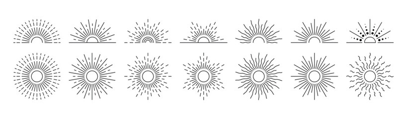 Set of abstract boho sun, sunburst. Bohemian minimalist linear sunrise and sunset isolated on transparent background. Editable stroke. Vector illustration
