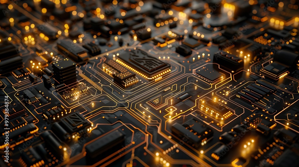 Poster close-up of a circuit board with glowing wires. the image represents the complex and intricate natur