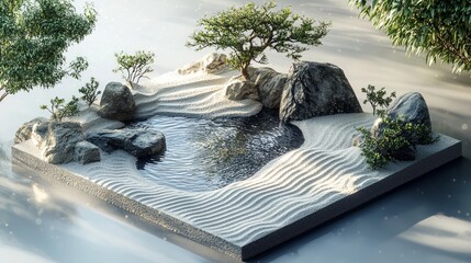 Pixelated Zen Oasis: Serene 3D Cube-Shaped Garden with Sand Patterns and Water Features