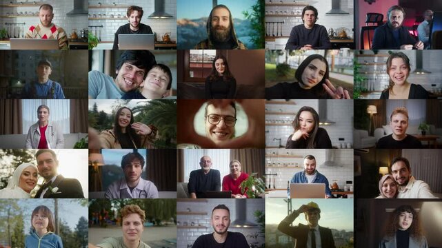 A collage of various individuals participating in a virtual video call or conference. Diverse backgrounds, expressions, and settings, symbolizing connection.