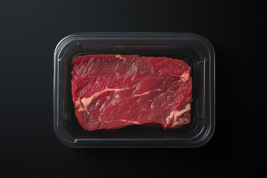 Beef steak in black plastic packaging with empty space for label. Raw marble beef meat in plastic box tray