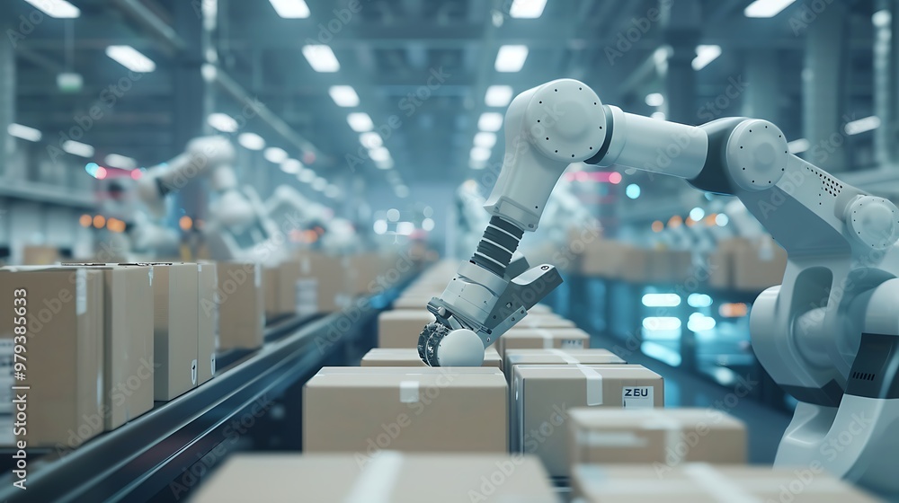 Poster industrial robot arm is seen working on a conveyor belt in a warehouse. the robot is picking up boxe