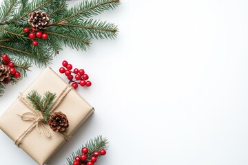 Gift Wrapped with Pine Branch and Red Berries on White Background
