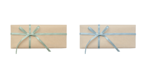 Clipped image featuring two gift items: one with a thin blue ribbon wrapped in a natural style, and another with a thin green ribbon