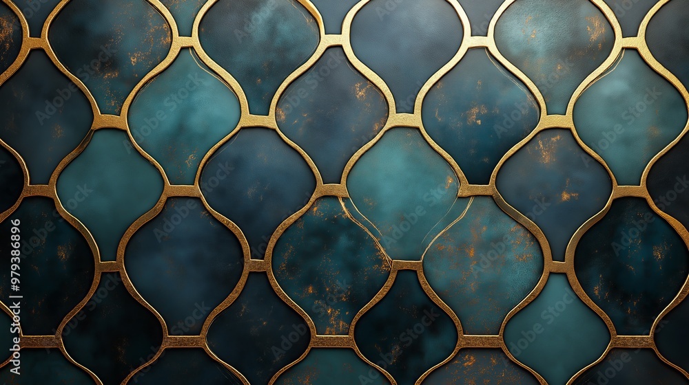 Wall mural Teal and gold geometric pattern.