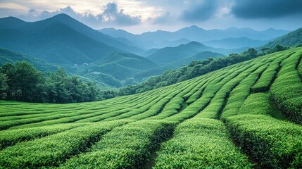 Agricultural area green tea on mountain Chiang rai Thailand, Aerial view of the mountainous area where the tea plantations are located.