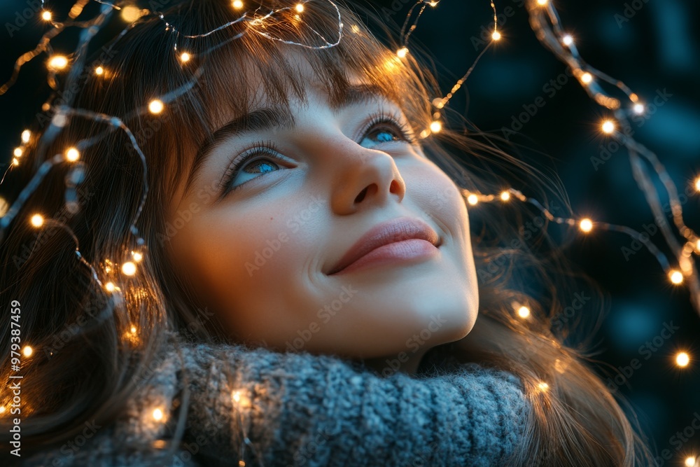 Poster woman smiling upwards illuminated by intricate glowing neural networks representing positivity menta
