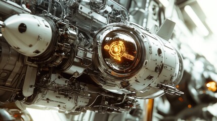 Retro-Futuristic Metallic Gears and Vintage Spacecraft in a Sci-Fi Setting
