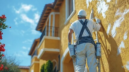 Fototapeta premium Painter applying fresh coat of paint on house exterior with bright sky