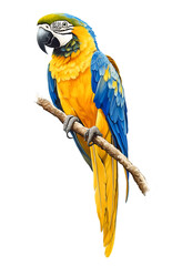 Vibrant macaw parrot perched on a branch, showcasing striking blue and yellow feathers, isolated on a white background, Cutout, Isolated on White Background