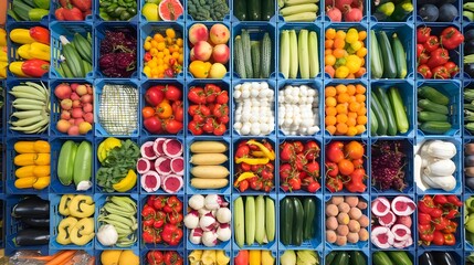 Aerial view of crates filled with various fruits and vegetables, symbolizing organized logistics and distribution in the fresh produce industry.
