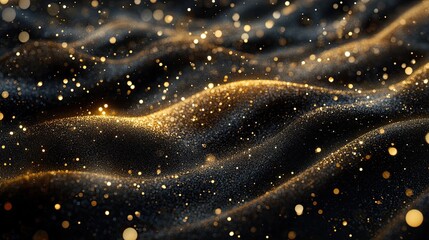 Luxurious golden glitter waves flowing across a dark background, highlighted by soft, glowing bokeh lights, perfect for festive and elegant themes.
