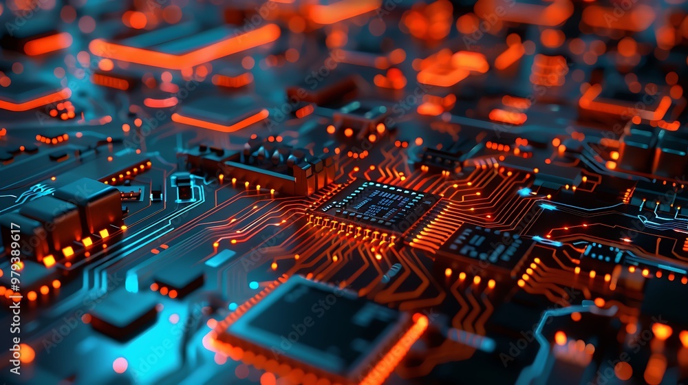 Poster close-up view of a circuit board with glowing lights. the board is covered in intricate circuitry, w