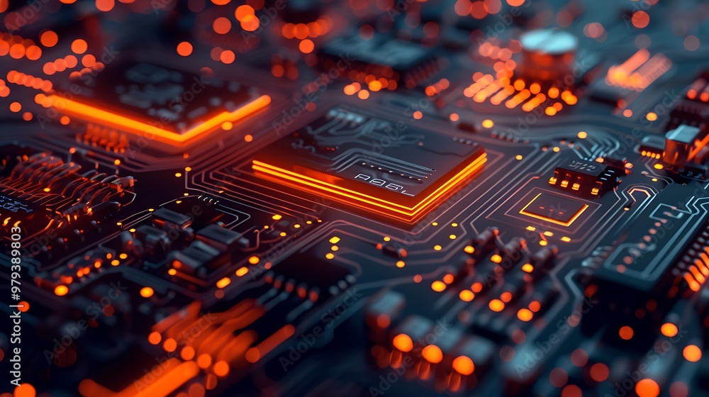 Poster close-up of a circuit board with glowing orange lights, showcasing the intricate network of pathways