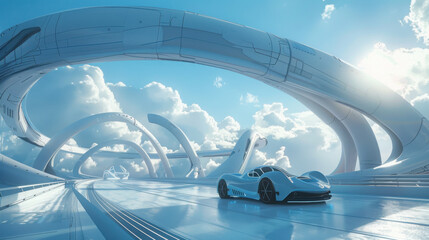 Futuristic sci-fi roads, futuristic cars, futuristic architecture, blue skies, digital art styles.