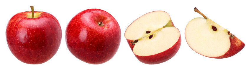 red apple (Envy Apple), half and slice isolated, fresh red apple, transparent PNG, PNG format, collection, set