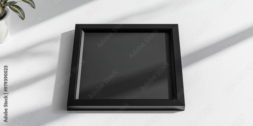 Poster a realistic 3d render of a square black picture frame, isolated on a seamless white surface with nat