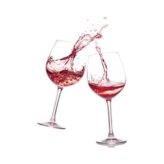 Two wine glasses clinking spill red wine, perfect for wine bars or celebratory occasions. Generative AI