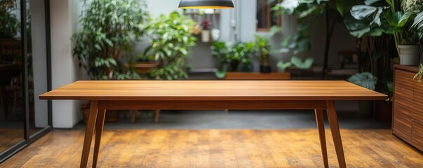 Fototapeta premium Teak dining table with tapered legs, Scandinavian-style interior, muted tones, modern lighting fixture above, plants in the background, clean aesthetic