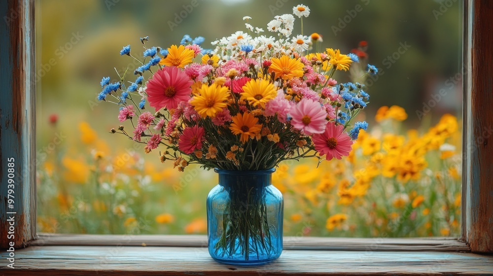 Canvas Prints Wildflowers in Blue Vase by Window