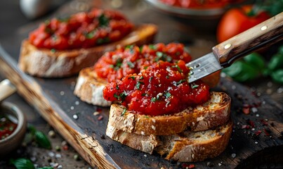 Spreading on Bread, Close-up of a knife spreading Passata sauce on a slice of rustic bread