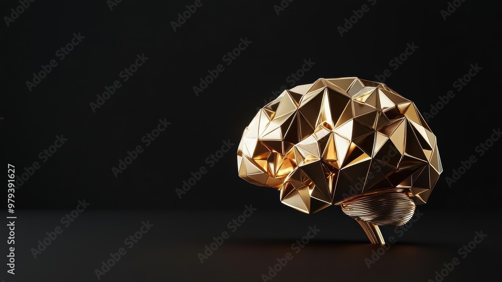 Poster golden brain with geometric patterns and futuristic design, portraying the intricate network of arti