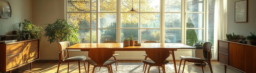 Elegant midcentury teak dining table surrounded by retro chairs, large windows, soft sunlight...