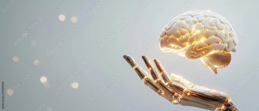 Poster golden brain integrated with a robotic hand, symbolizing the synergy between ai and robotics in the 