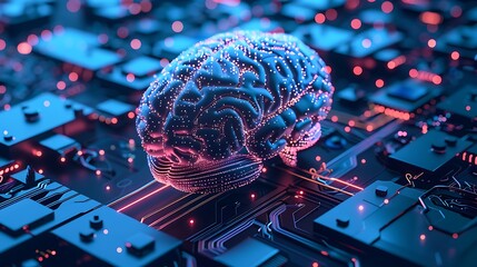 Digital brain rests on glowing circuit board with neural patterns and light trails for merging human intellect and artificial intelligence technology concept.