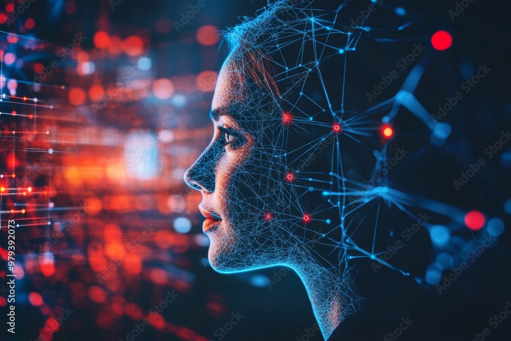 Aufkleber abstract digital female head with network of red and blue glowing connections symbolizing the fusion